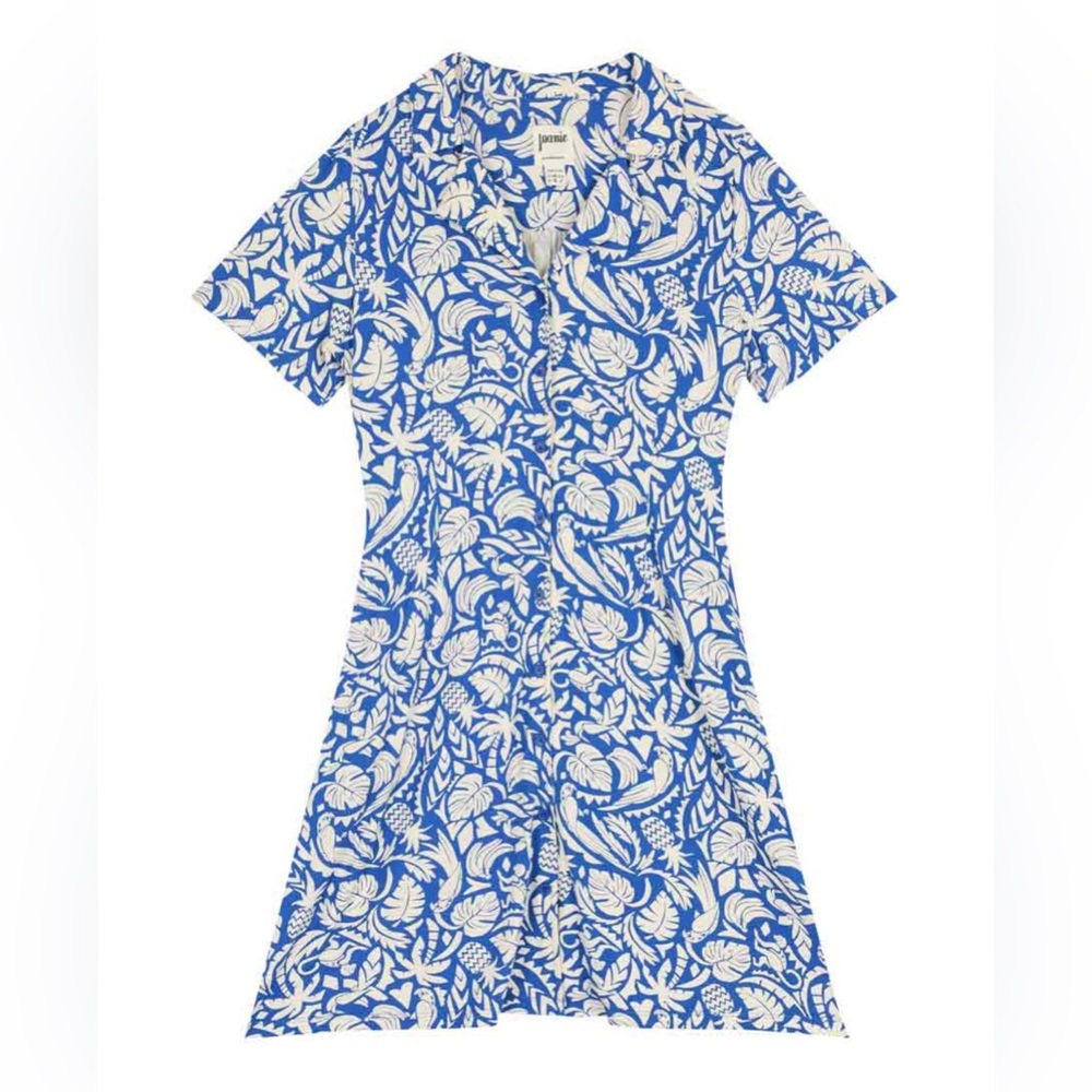 NWT Joanie Clothing Greta Tropical Palm Print Jersey Tea Dress - Blue - US 18